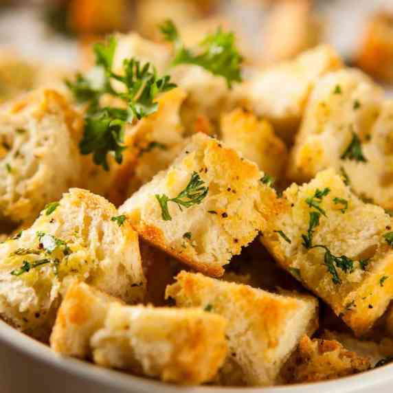A bowl of croutons