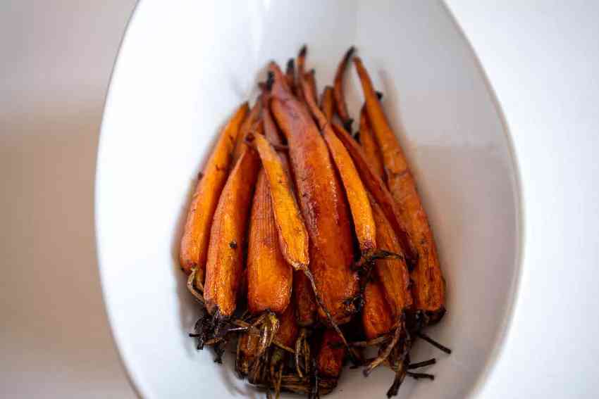 Balsamic Glazed Carrots lengthwise in a serving dish