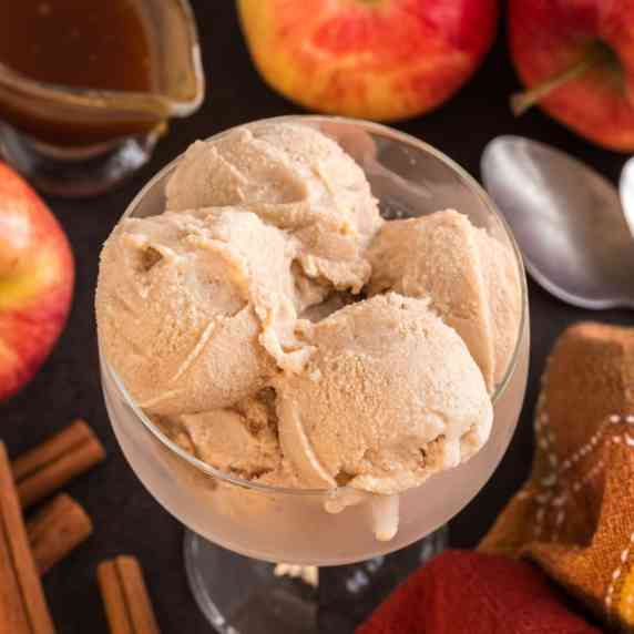Apple cider ice cream is cool and creamy with sweet-tart apple flavor mixed with warm cinnamon. A he
