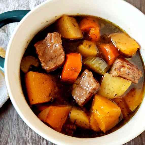 A bowl of Autumn Butternut beef stew