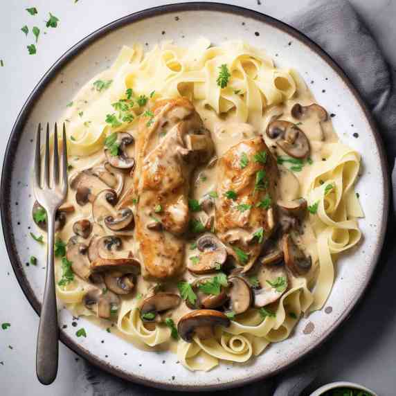 Chicken stroganoff over egg noodles topped with fresh parsley.