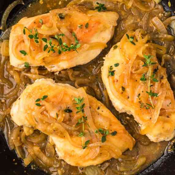 Chicken with onion thyme sauce is a quick and easy weeknight meal made with caramelized onions and a