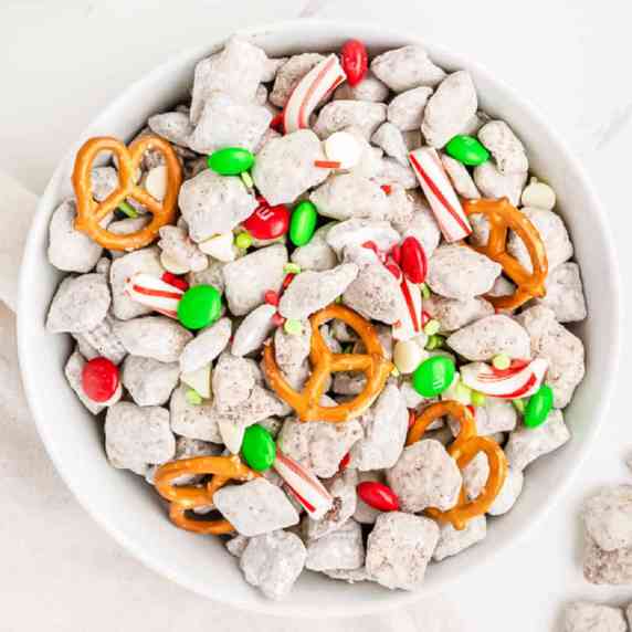 Christmas Reindeer Chex Mix in a large serving bowl from overhead on a counter.