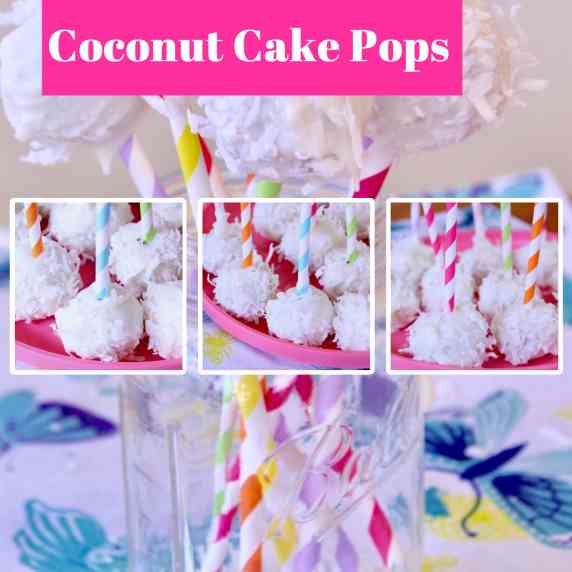 Coconut Cake Pops Recipe in a glass jar on a blue and yellow tablecloth.  