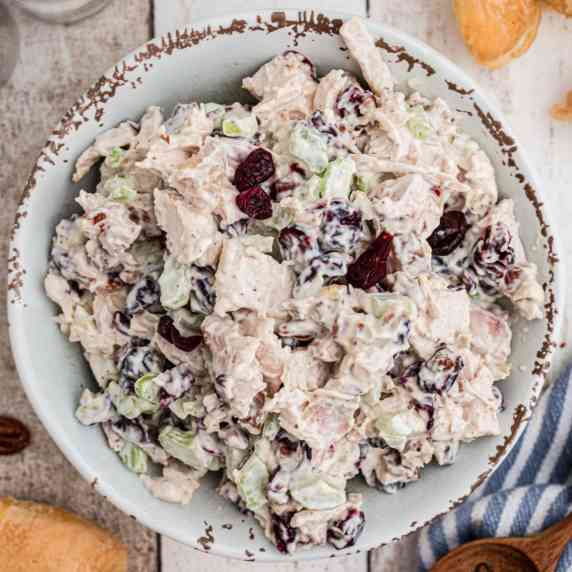 A bowl of cranberry pecan chicken salad.