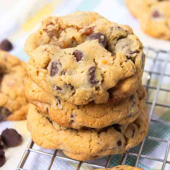 Stack of chocolate chip pecan cookies.