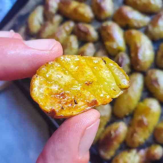 A golden brown fingerling potato