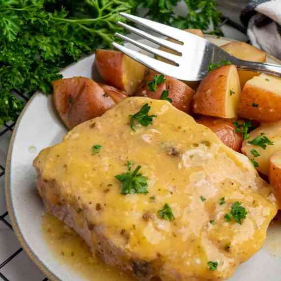 Close up of crock pot ranch pork chops with red potatoes