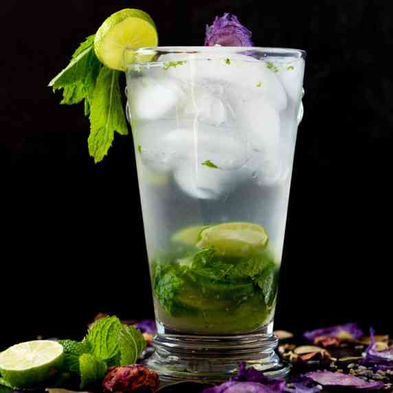 Lavender Mojito Mocktail with fresh lime, mint and lavender syrup
