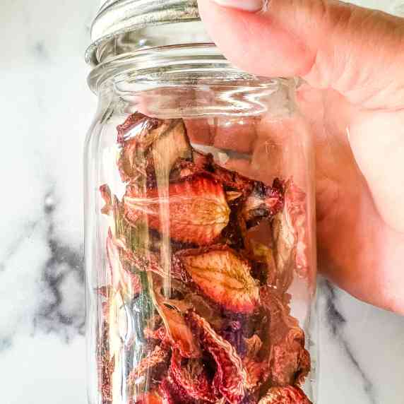 A jar of dehydrated strawberries