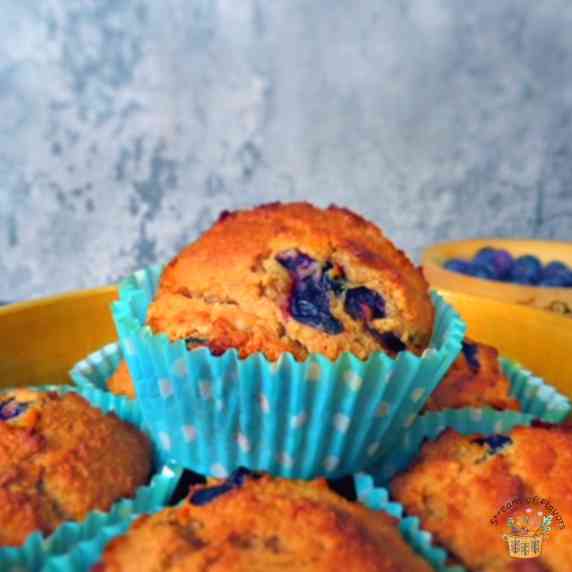 Diabetic sugar free blueberry muffins with date sugar, almond flour, and whole wheat flour
