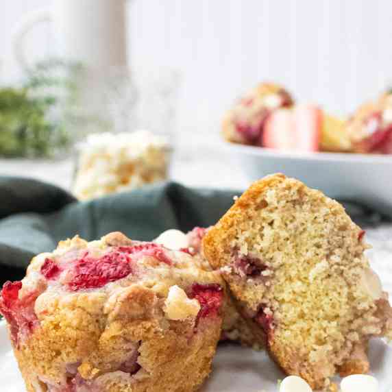 white chocolate and strawberry muffins cut in half