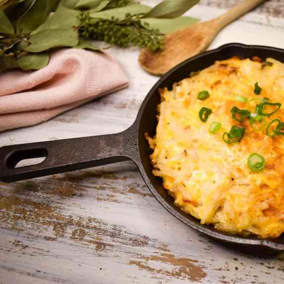 Skillet with gourmet cheese potatoes
