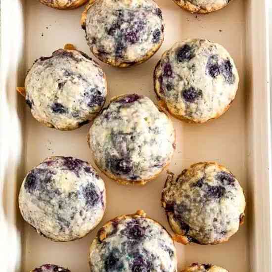 A pan of blueberry muffins