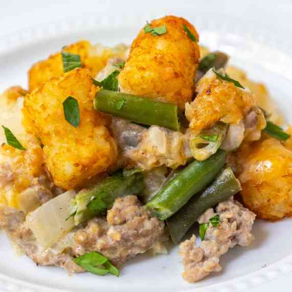 Green bean tater tot casserole with ground beef and cheese
