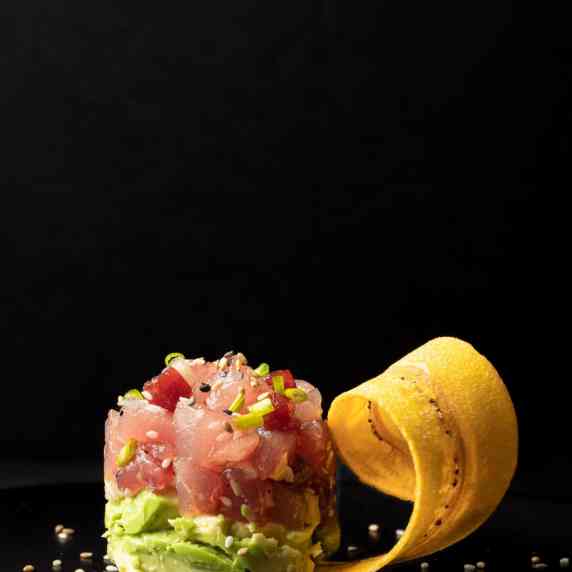 Guava Ahi tuna Tartare with Fried Plantain Strip