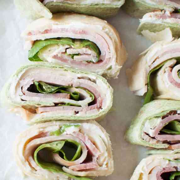 close up view of pin wheel sandwiches