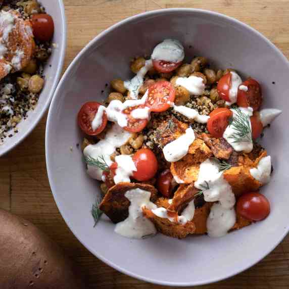 toasted quinoa grain bowl with honey whipped goat cheese