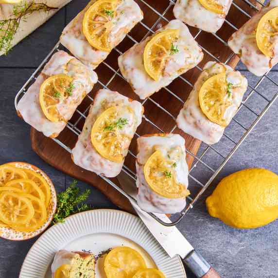 Lemon Poppy Sourdough Zucchini mini Breads with Protein on a cooling rack, topped with candied lemon