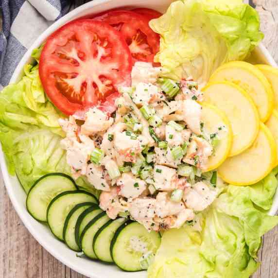 Lobster salad is light and refreshing with fresh lobster meat, celery for crunch, and chives for fla