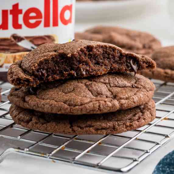 Close up of the inside of a nutella brownie cookie.