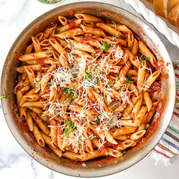 A pot of penne pomodoro