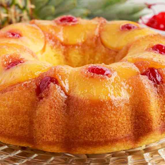 This pineapple upside down bundt cake is slightly denser than the classic version as it takes on mor
