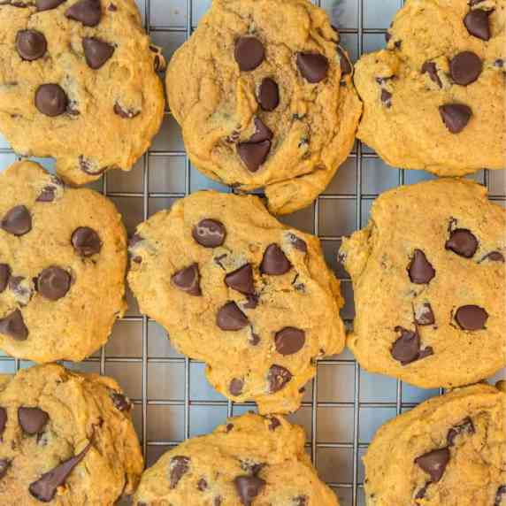 Pumpkin chocolate chip cookies from overhead on a metal cooling rack.