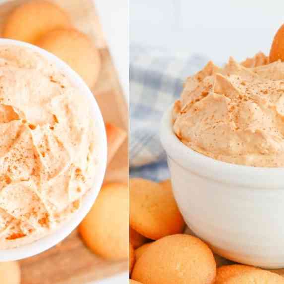 pumpkin fluff dip in white bowl with vanilla wafers for dipping
