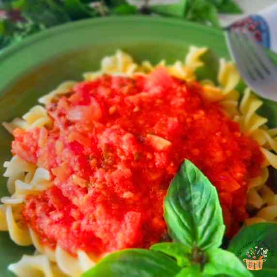 Marinara Sauce on pasta with basil on a green plate with a fork