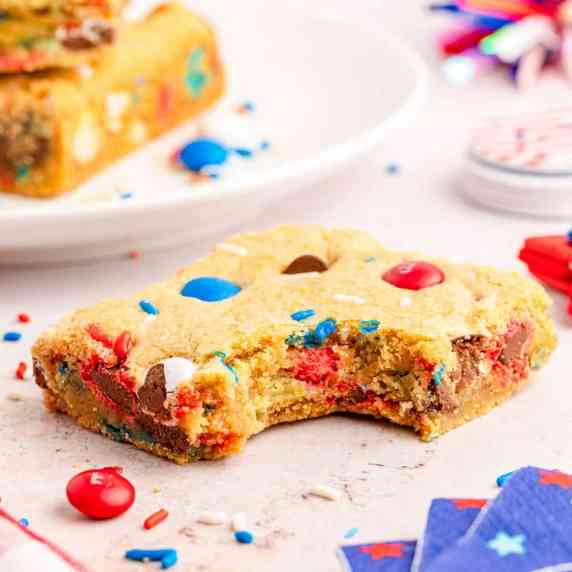 A red, white and blue M&M cookie bar.