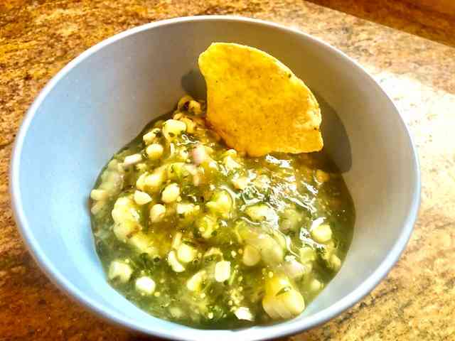Salsa Verde with Corn in a bowl by Sear Marks