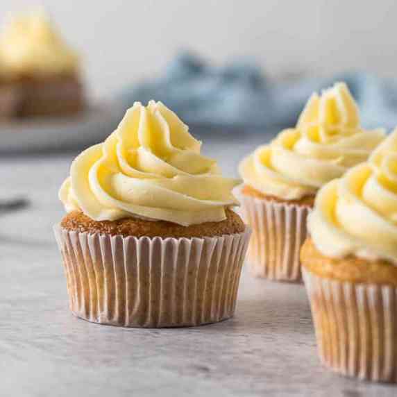 Vanilla cupcake with a buttercream frosting swirl.
