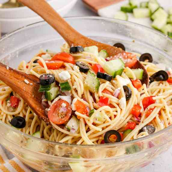 This cold spaghetti salad is floating with different textures and refreshing flavors, perfect for th
