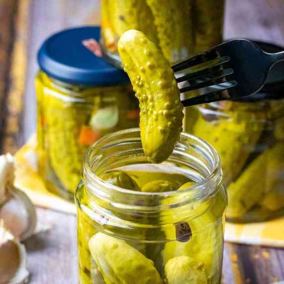 A canned pickle baing taken out of a jar with a fork. 