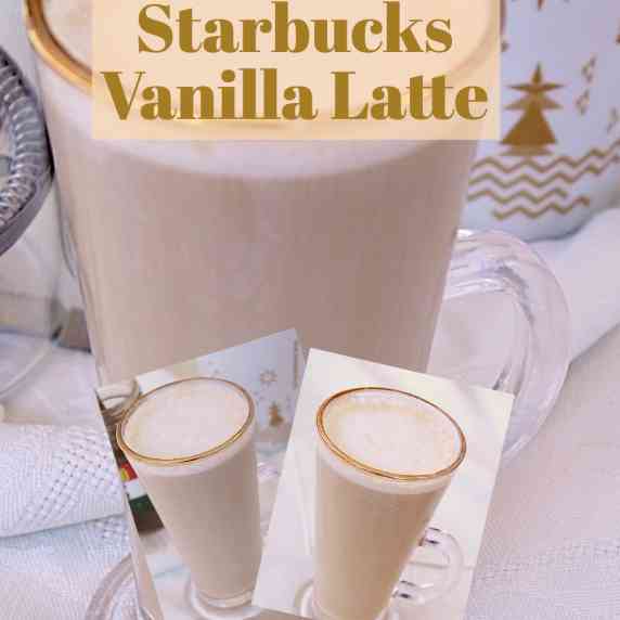 Starbucks Vanilla Latte Recipe with a Starbucks mug on a white tablecloth.  