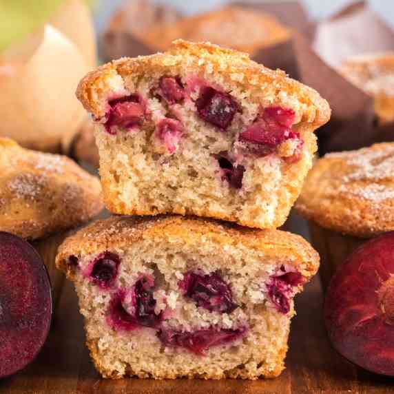 A perfectly spiced muffin base begs for fresh chopped plums and a cinnamon sugar crust! These plum m