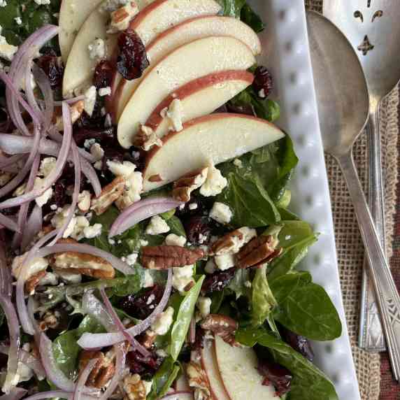 Tossed salad with lettuce greens, sliced apples, pecans, gorgonzola, cranberries and red onion. 