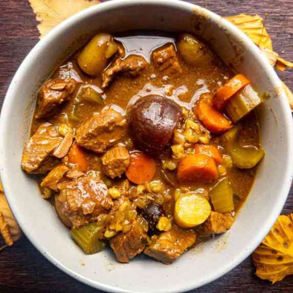 bison stew with potatoes, carrots, & barley in white bowl on wood counter
