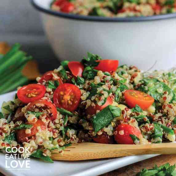 Quinoa salad on a plate with wooden fork