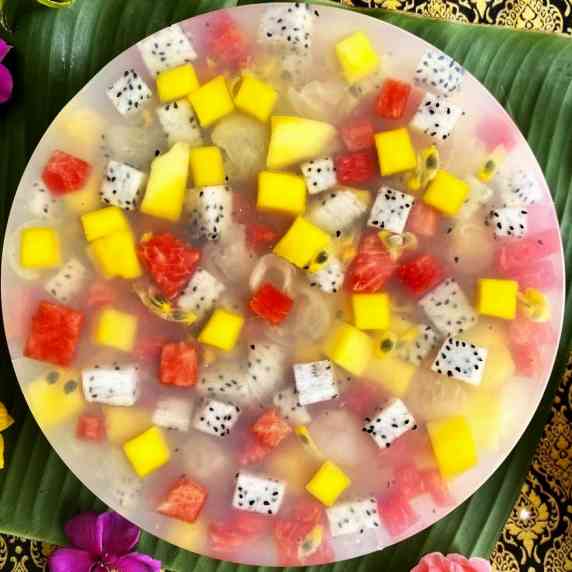 Top-down view of agar agar jelly with fruits