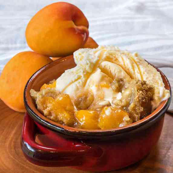 Tart apricot crisp in a bowl topped with ice cream.