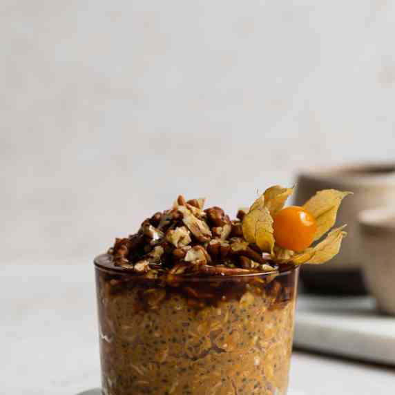 Sweet Potato Overnight oats arranged in an aesthetic cup with fall vibes