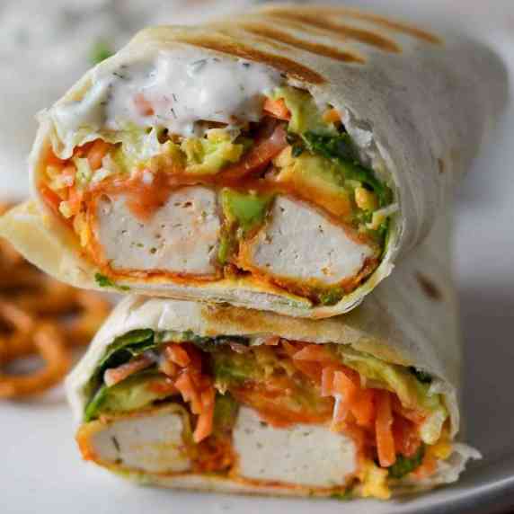 This is a photo of the buffalo tofu wrap with ranch and avocado. 
