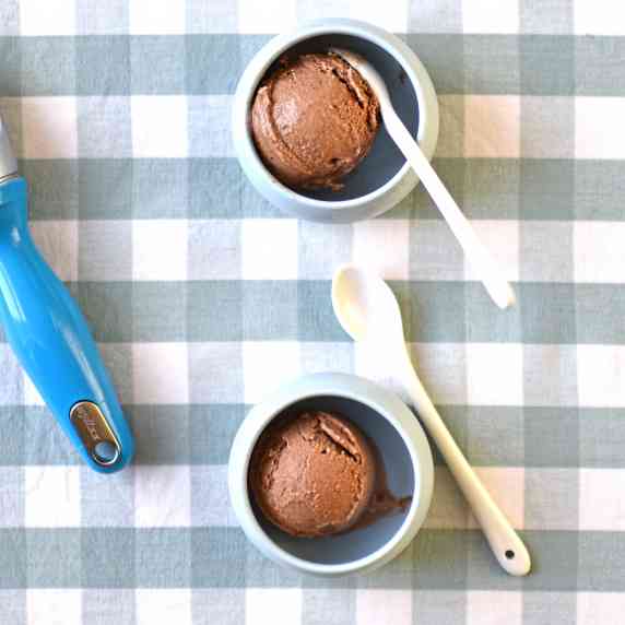 small bowls of vegan chocolate ice cream on a check tablecloth