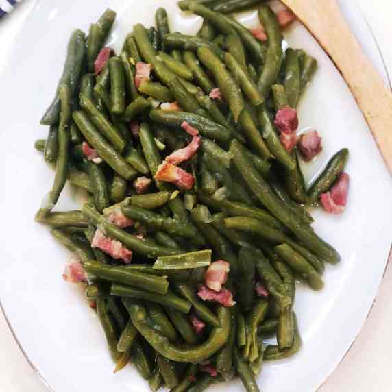 Southern green beans cooked up on plate