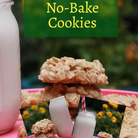 Peanut Butter No-Bake Cookies on a pink plate with a glass of milk.  