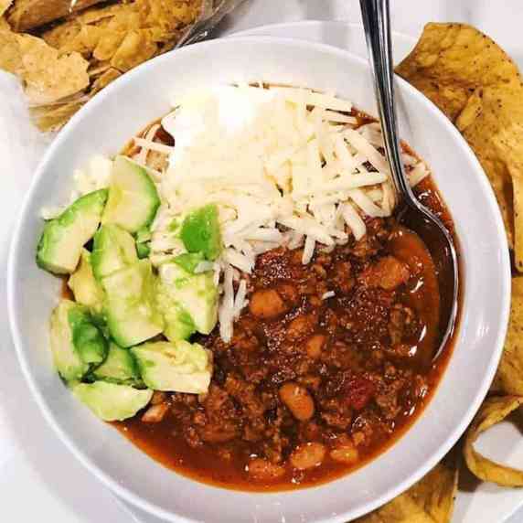 chili in bowl with toppings