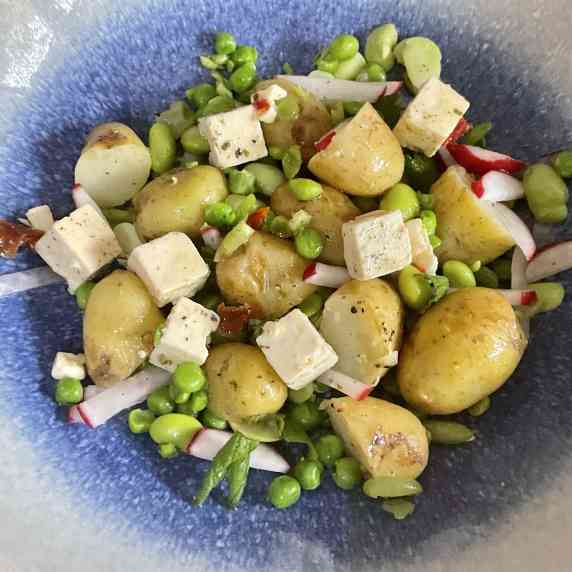Jersey Royal, Feta and Bean Salad in a ceramic bowl