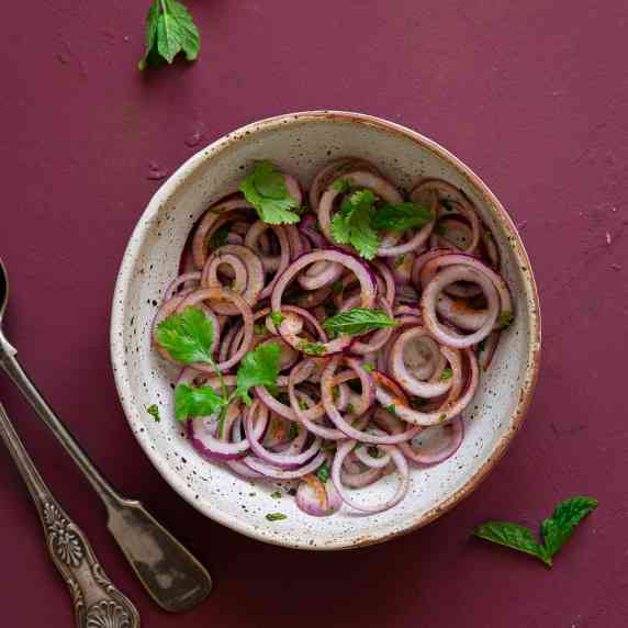 red onion rings mixed with basic indian spices served in a round bowl